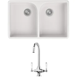 Butler & Rose Fireclay Ceramic White Double Belfast Kitchen Sink, Tap & Waste
