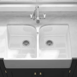 Butler & Rose Fireclay Ceramic White Double Belfast Kitchen Sink, Tap & Waste