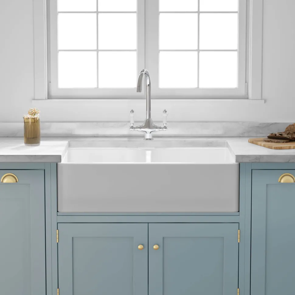 Butler & Rose Fireclay Ceramic White Double Belfast Kitchen Sink, Tap & Waste
