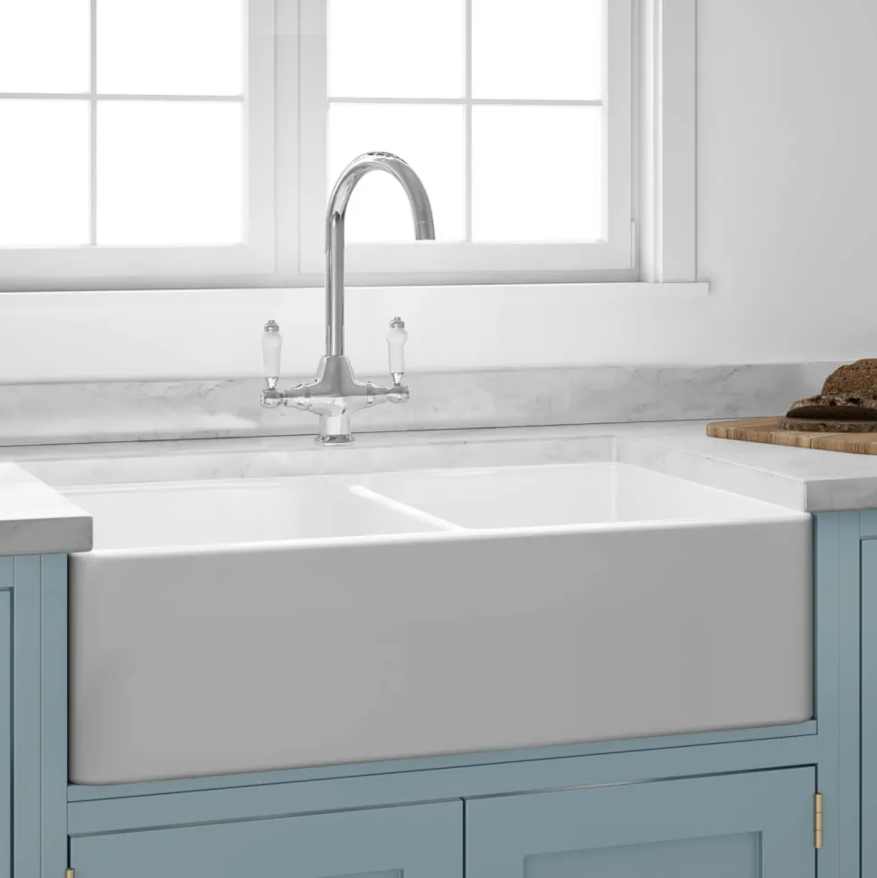 Butler & Rose Fireclay Ceramic White Double Belfast Kitchen Sink, Tap & Waste