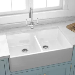 Butler & Rose Fireclay Ceramic White Double Belfast Kitchen Sink, Tap & Waste
