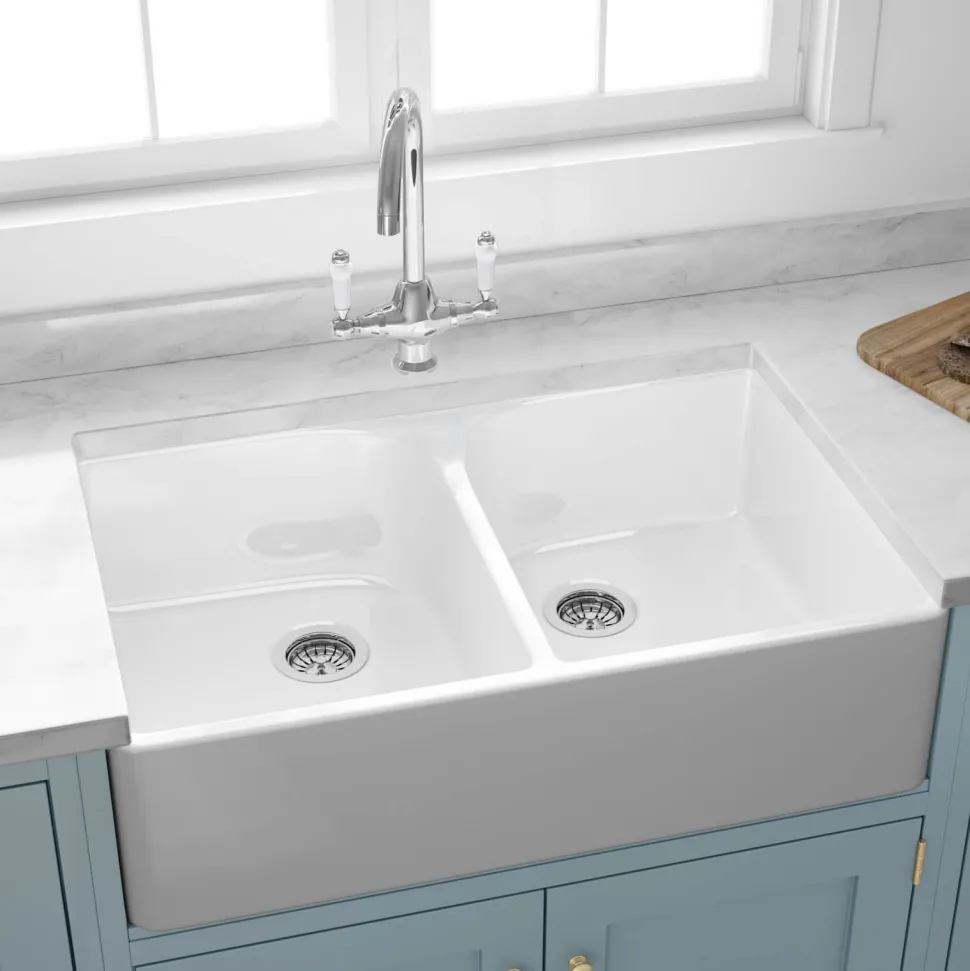 Butler & Rose Fireclay Ceramic White Double Belfast Kitchen Sink, Tap & Waste
