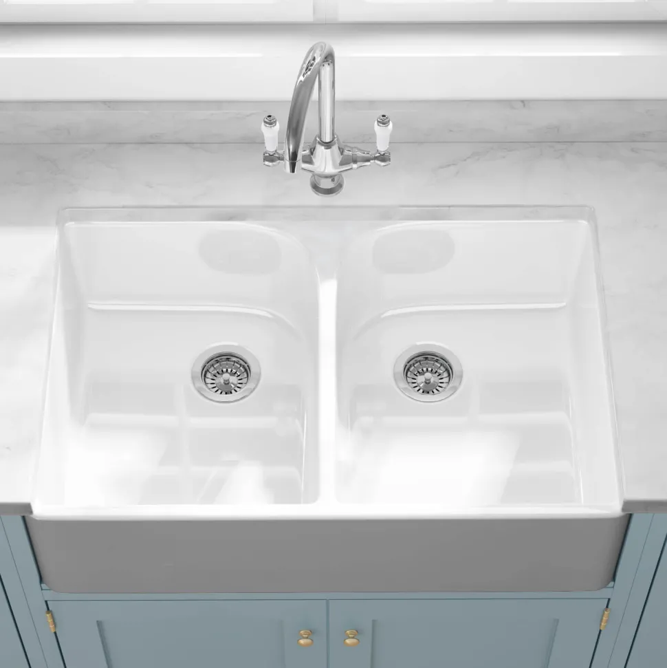 Butler & Rose Fireclay Ceramic White Double Belfast Kitchen Sink, Tap & Waste