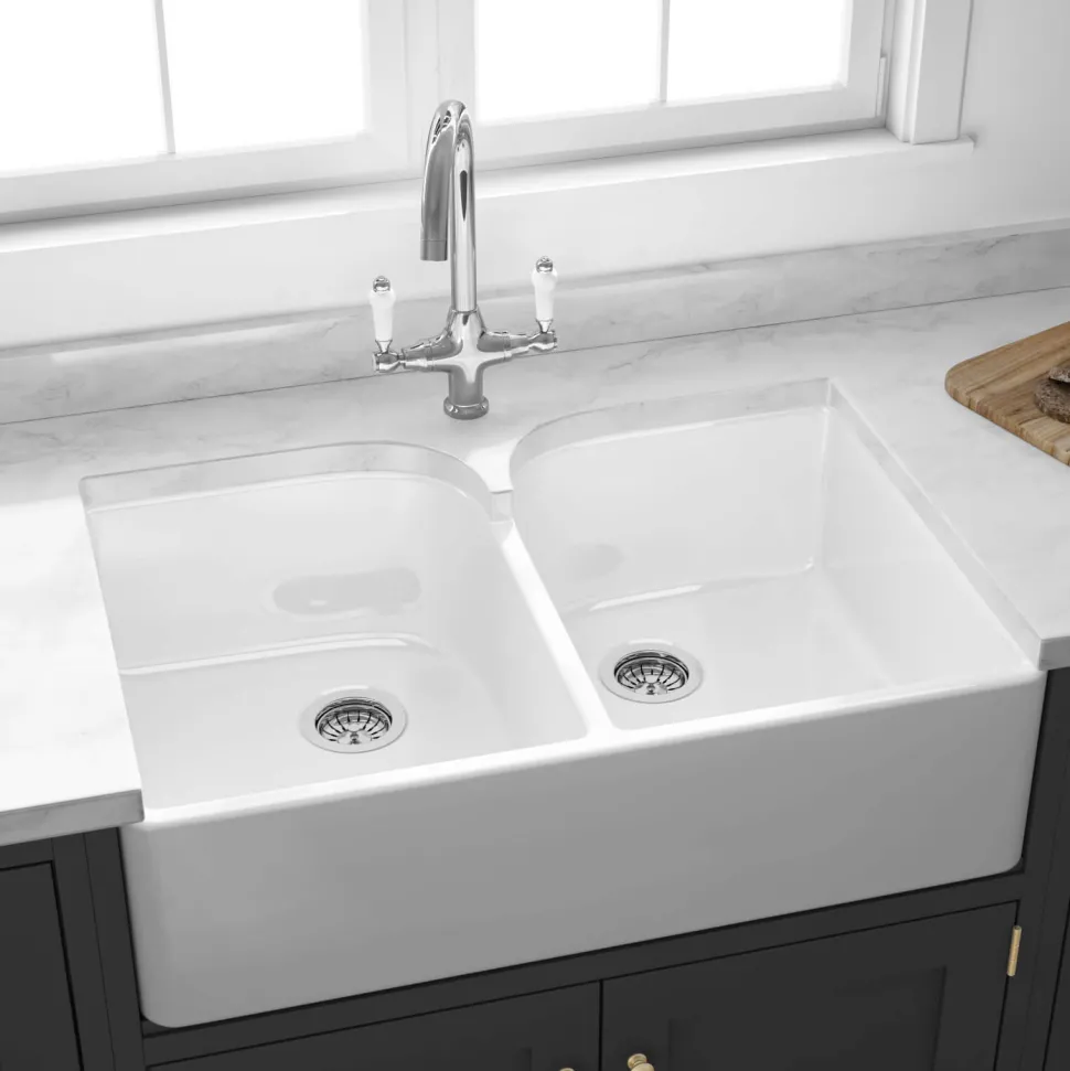 Butler & Rose Fireclay Ceramic White Double Belfast Kitchen Sink, Tap & Waste