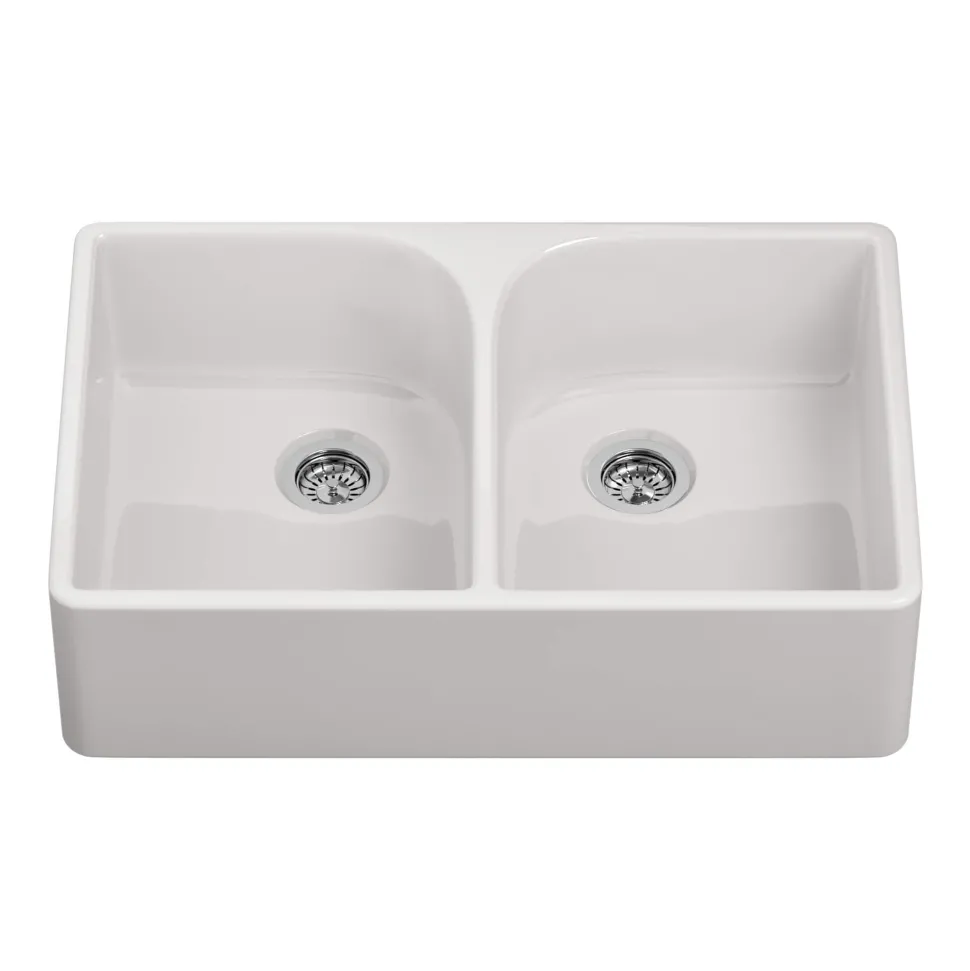 Butler & Rose Fireclay Ceramic White Double Belfast Kitchen Sink, Tap & Waste