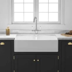 Butler & Rose Fireclay Ceramic White Double Belfast Kitchen Sink, Tap & Waste