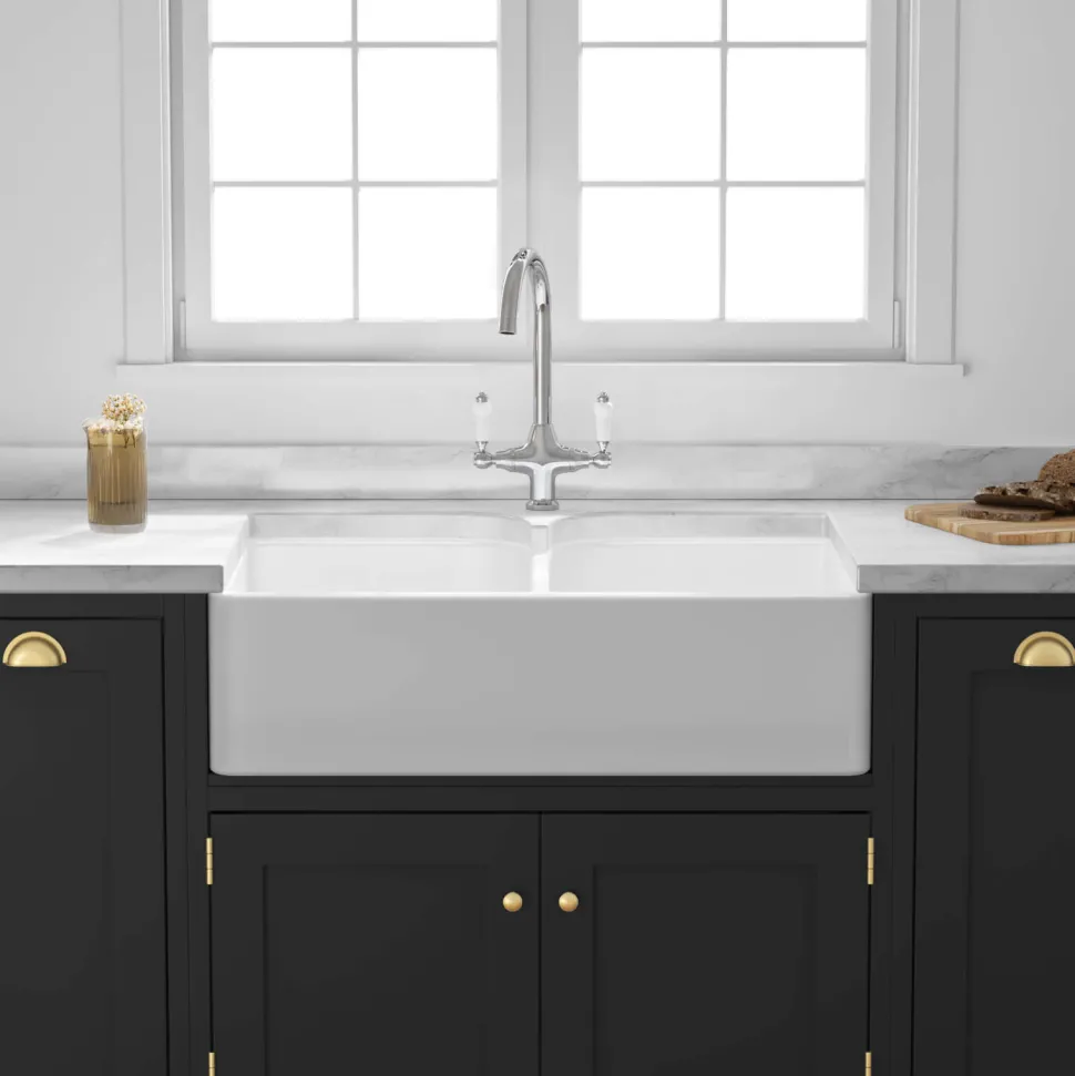 Butler & Rose Fireclay Ceramic White Double Belfast Kitchen Sink, Tap & Waste