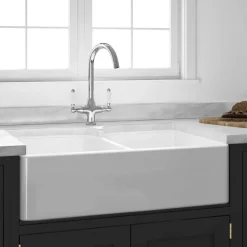 Butler & Rose Fireclay Ceramic White Double Belfast Kitchen Sink, Tap & Waste