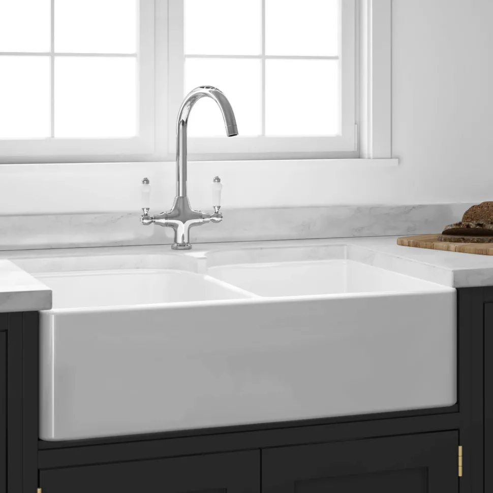 Butler & Rose Fireclay Ceramic White Double Belfast Kitchen Sink, Tap & Waste