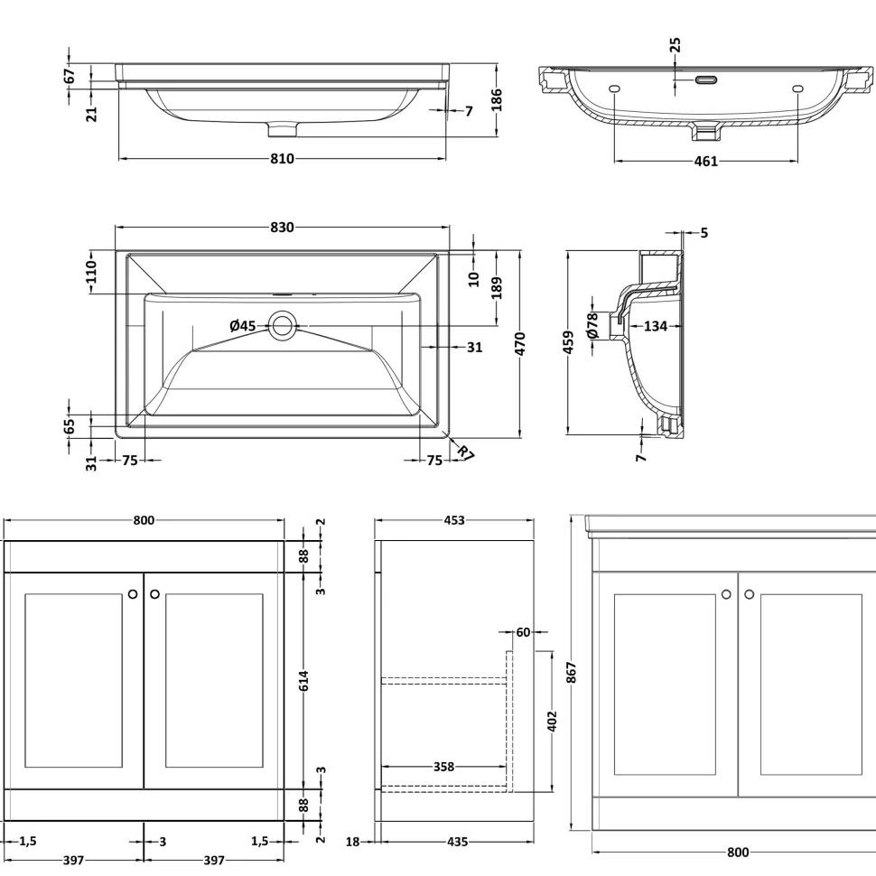 Butler & Rose Ophelia 800mm Floorstanding 2 Door Vanity Unit & Basin