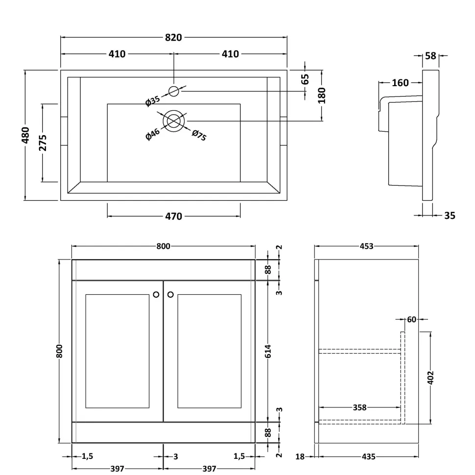 Butler & Rose Ophelia 800mm Floorstanding 2 Door Vanity Unit & Basin