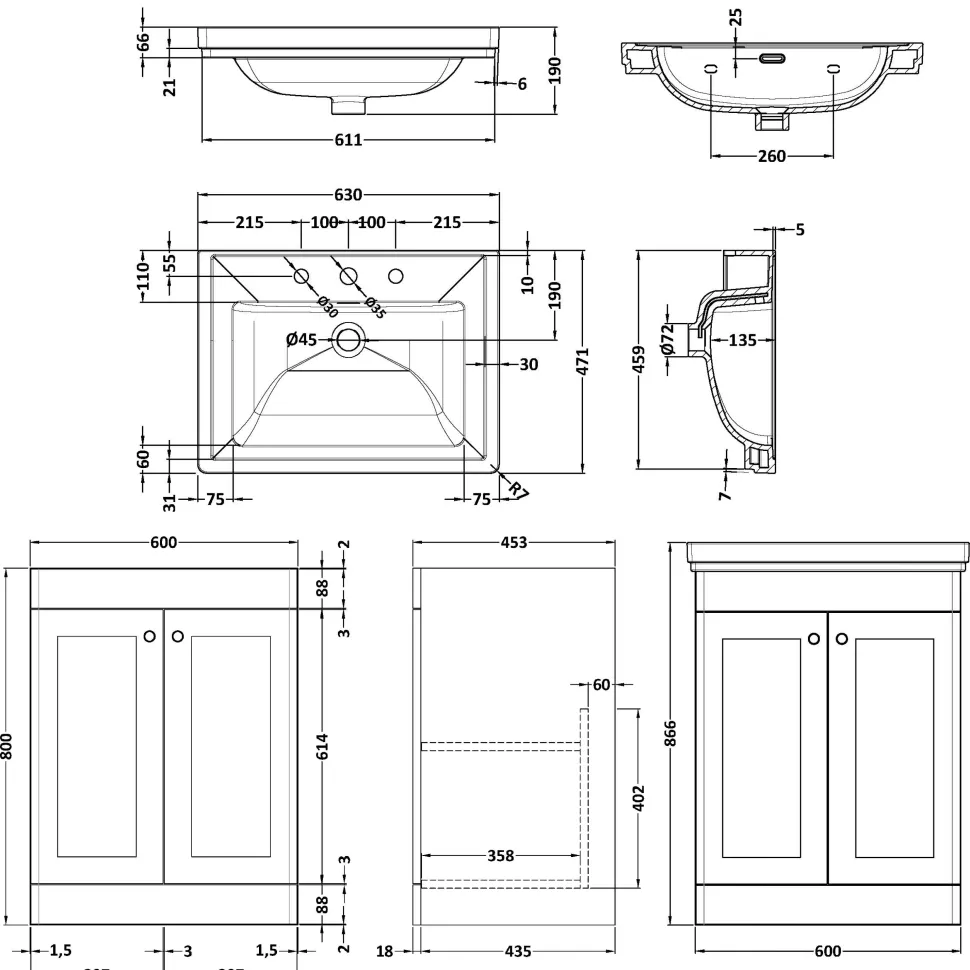 Butler & Rose Ophelia 600mm Floorstanding 2 Door Vanity Unit & Basin