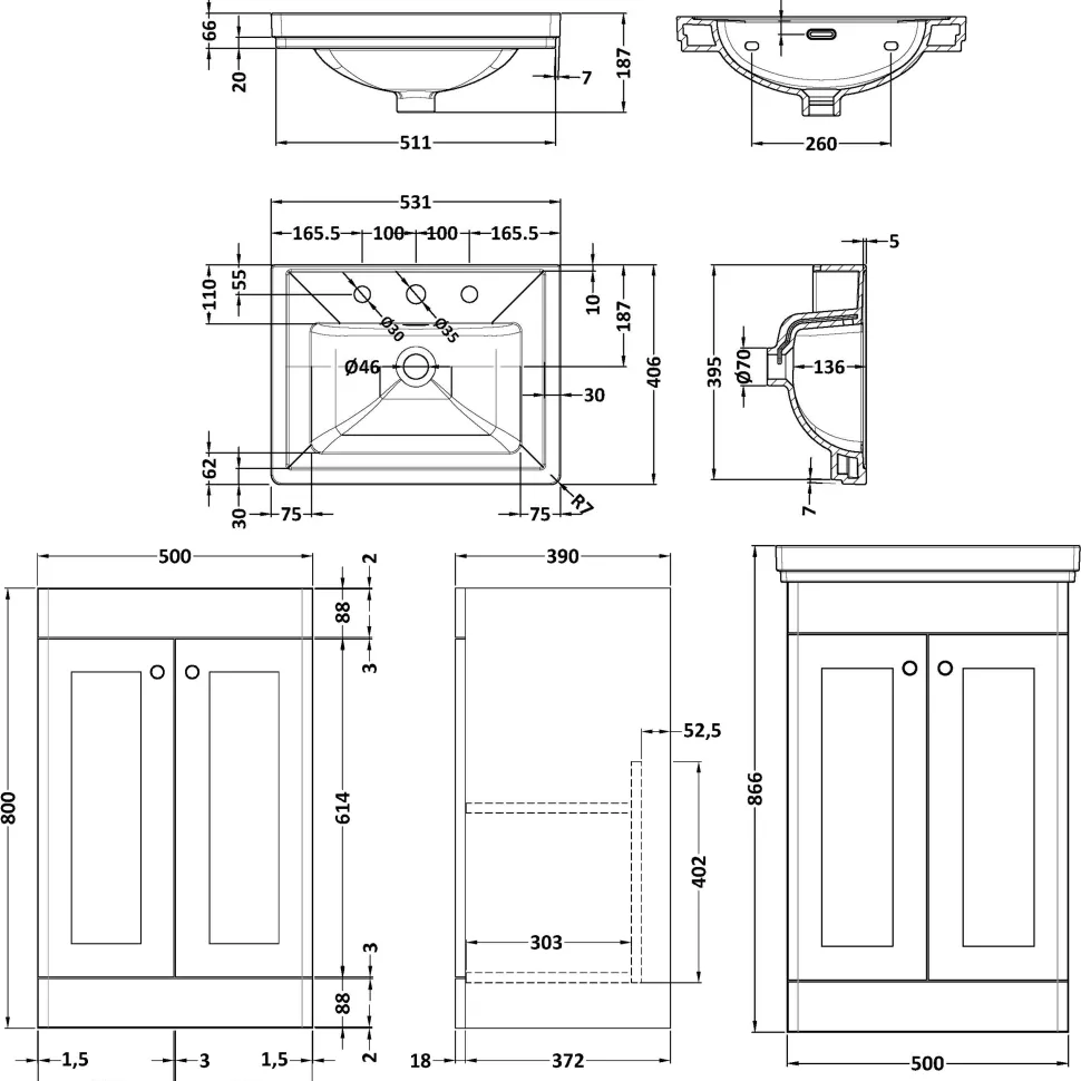 Butler & Rose Ophelia 500mm Floorstanding 2 Door Vanity Unit & Basin