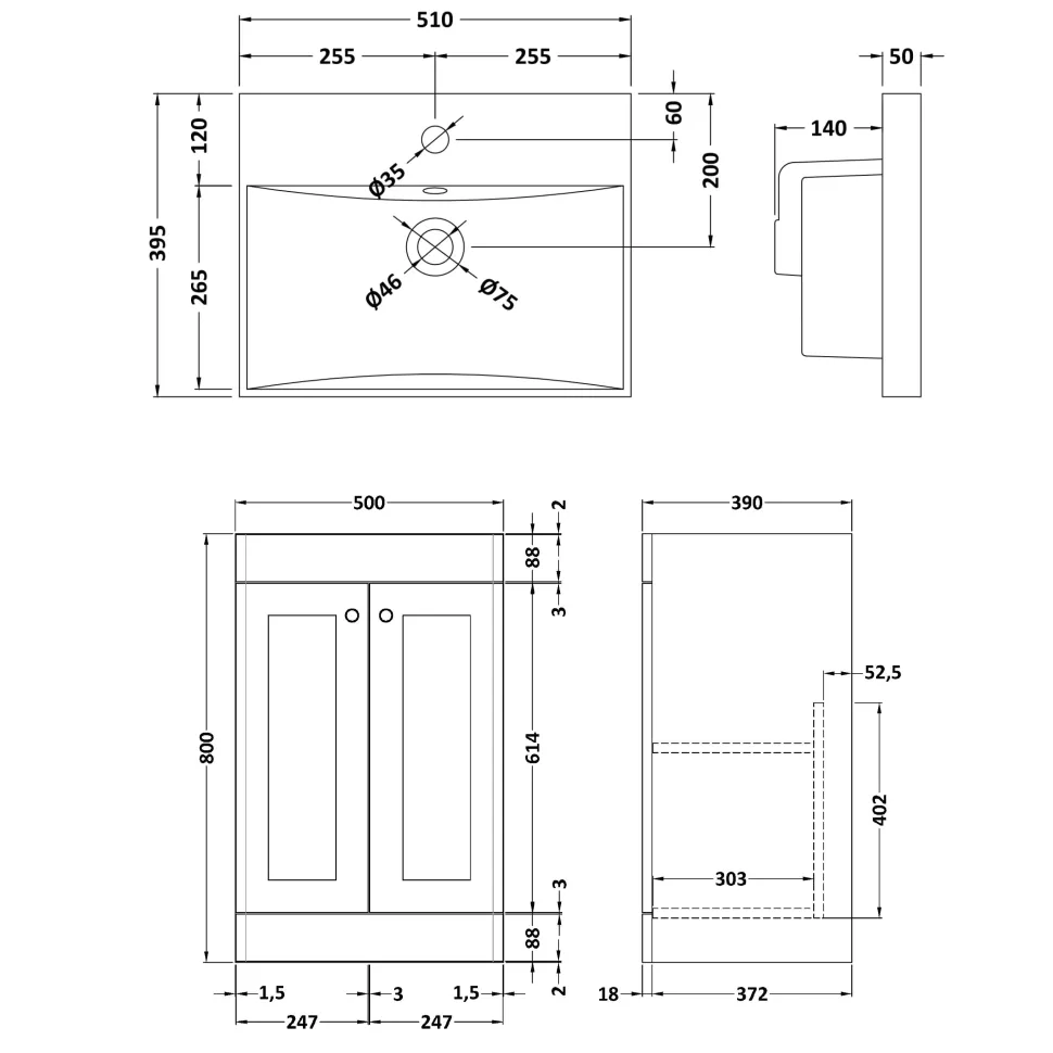 Butler & Rose Ophelia 500mm Floorstanding 2 Door Vanity Unit & Basin