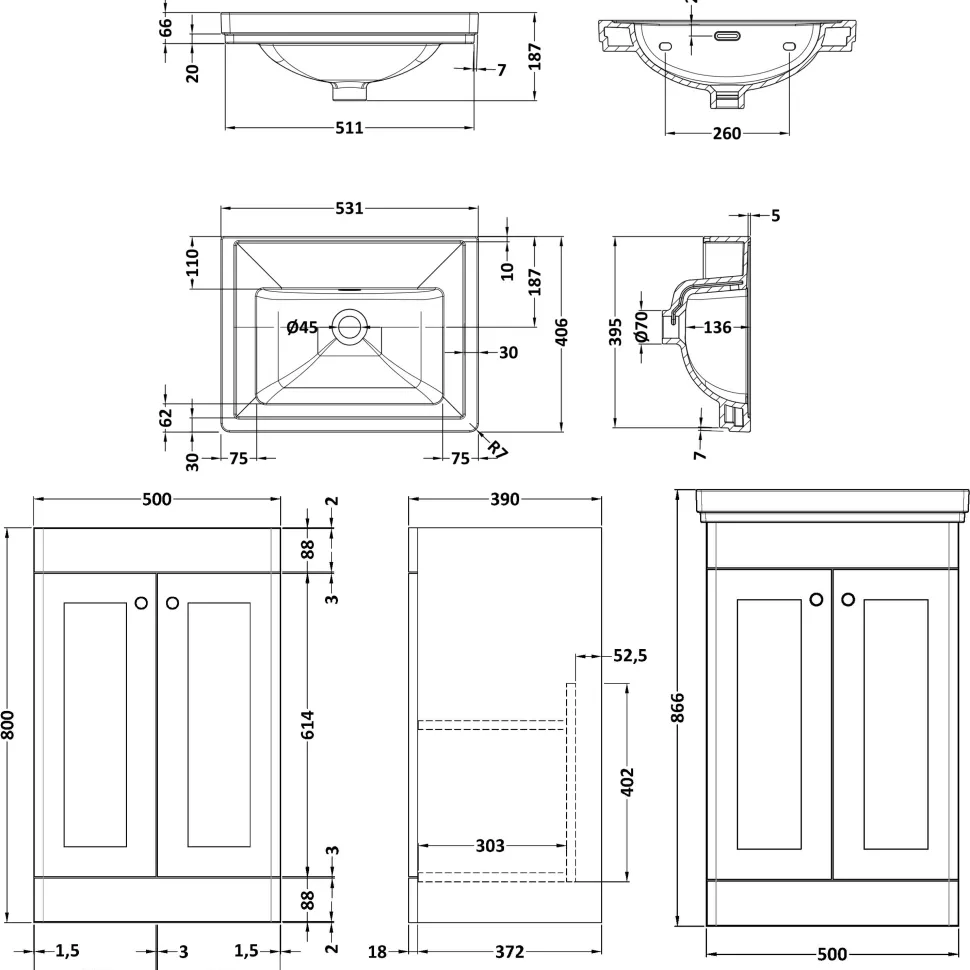 Butler & Rose Ophelia 500mm Floorstanding 2 Door Vanity Unit & Basin