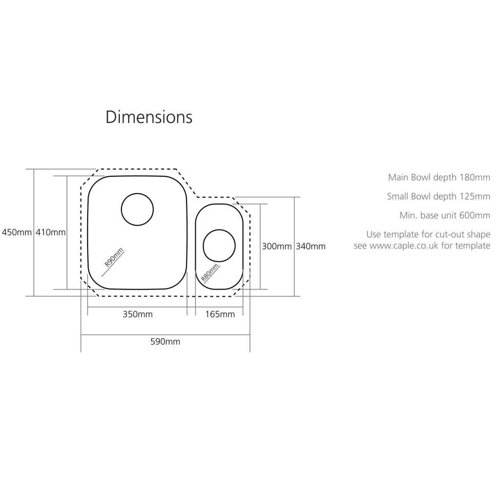 Caple Form 1.5 Bowl Undermount Satin Stainless Steel Sink & Waste Kit - 590 x 450mm