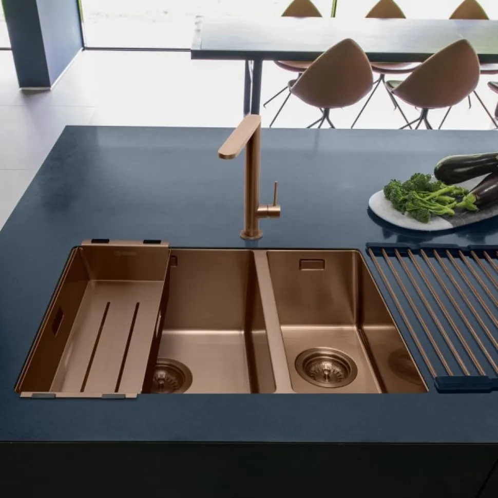 Caple Mode 1.5 Bowl Inset or Undermount Copper Stainless Steel Sink & Waste Kit with Right Hand Small Bowl - 555 x 440mm