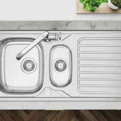 Clearwater Okio 1.5 Bowl Satin Stainless Steel Sink & Waste with Reversible Drainer - 1000 x 500mm