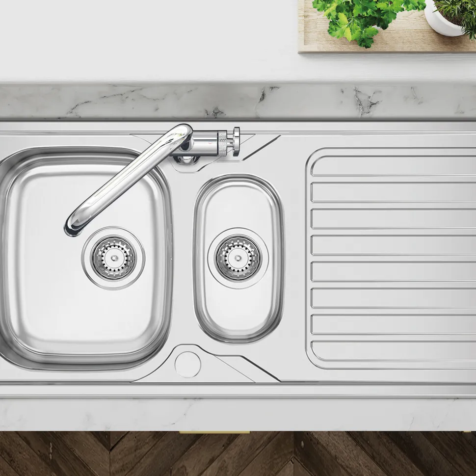 Clearwater Okio 1.5 Bowl Satin Stainless Steel Sink & Waste with Reversible Drainer - 1000 x 500mm
