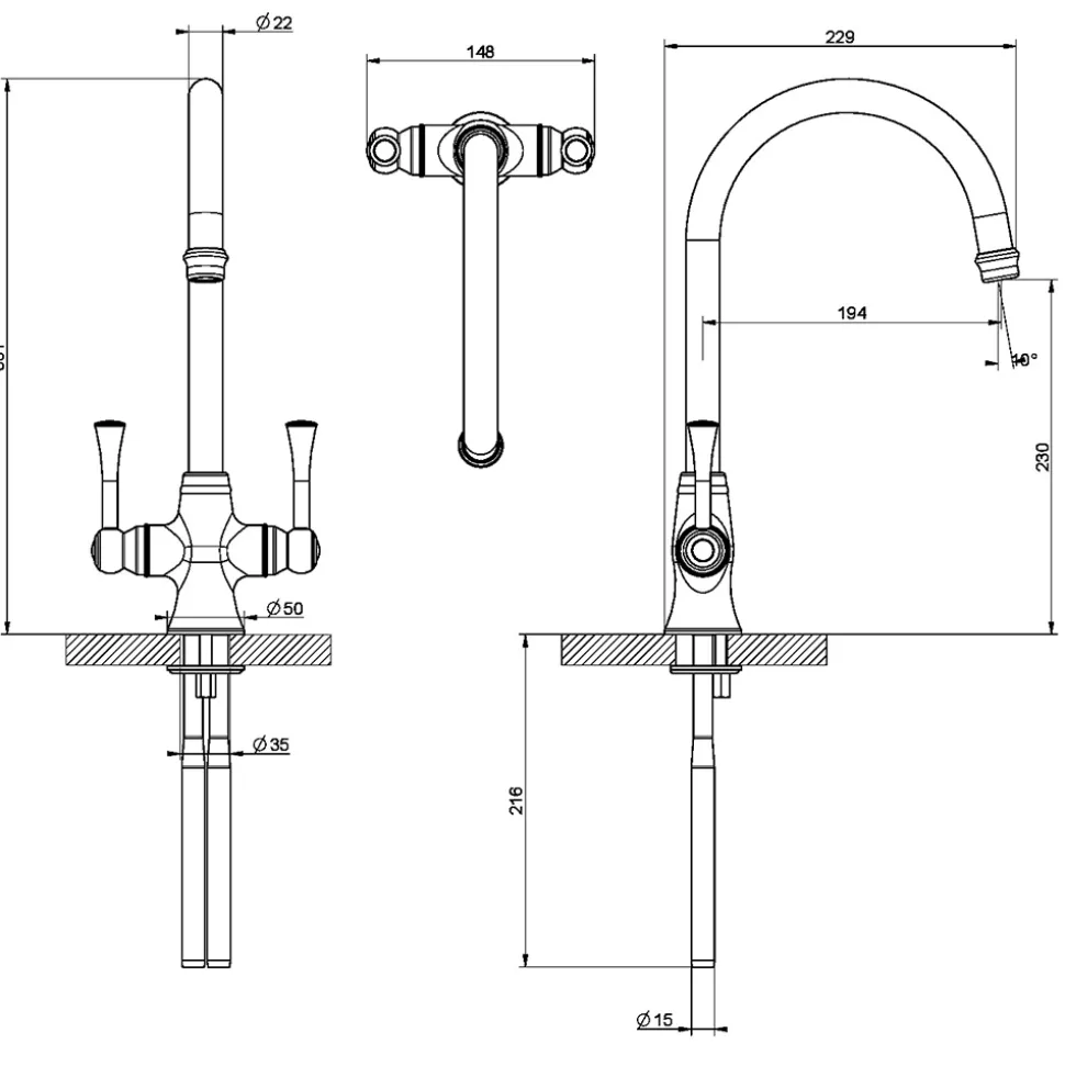 Clearwater Regent Twin Lever Kitchen Mixer Tap