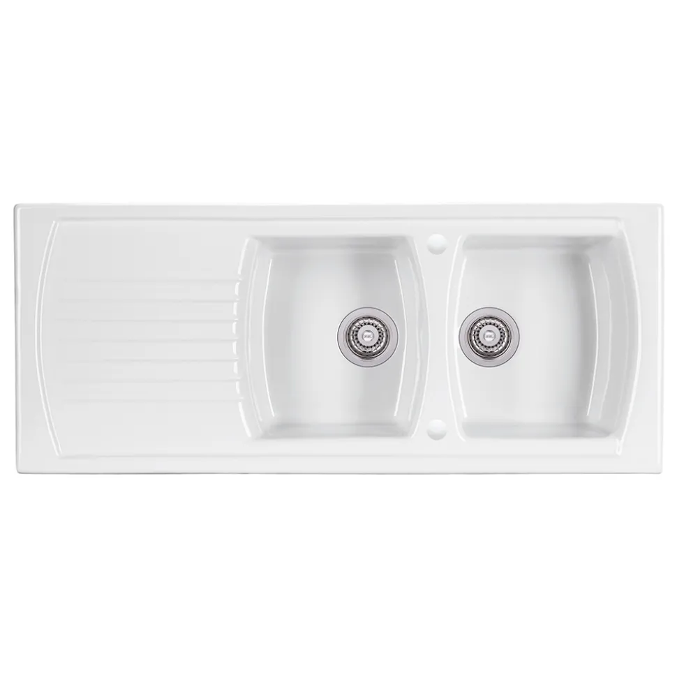 Clearwater Sonnet White Ceramic Double Bowl Sink with Reversible Drainer - 1205 x 500mm