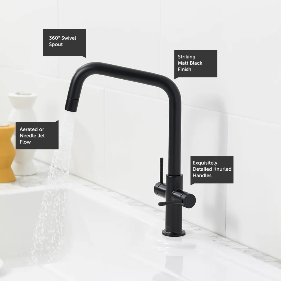 Clearwater Topaz Twin Lever Mono Kitchen Mixer with 'Twist & Spray' U Spout and Knurled Handles