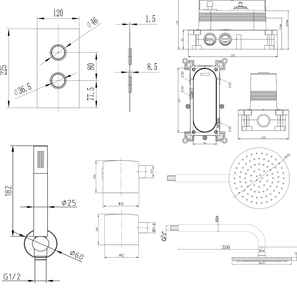 Core Concealed Thermostatic Valve, Fixed Head & Shower Handset Kit