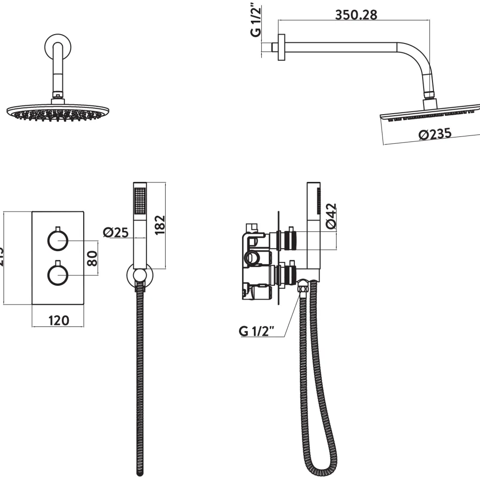 Core Concealed Thermostatic Valve, Fixed Head & Shower Handset Kit