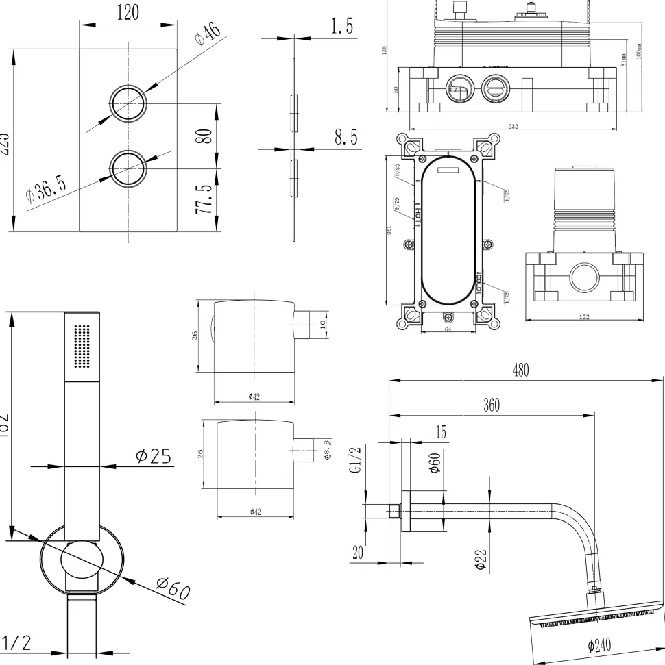 Core Concealed Thermostatic Valve, Fixed Head & Shower Handset Kit