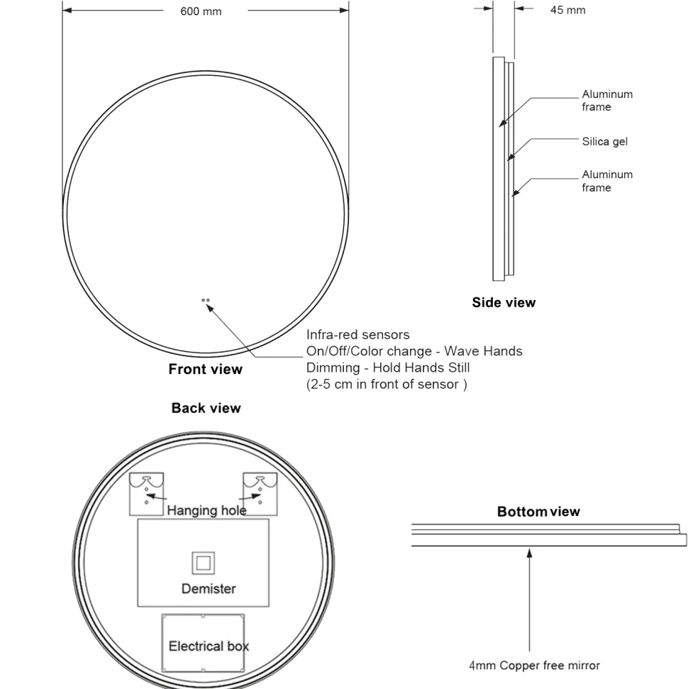 Core LED Illuminated Round Framed Mirror with Demister Pad & Colour Change Lights - 600mm