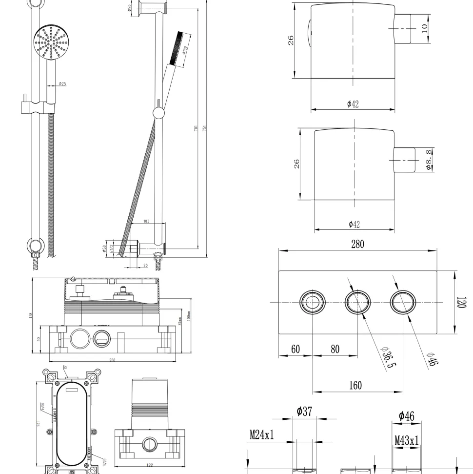 Core 1 Outlet Concealed Shower Valve & Slide Rail Kit with Fluted Handset