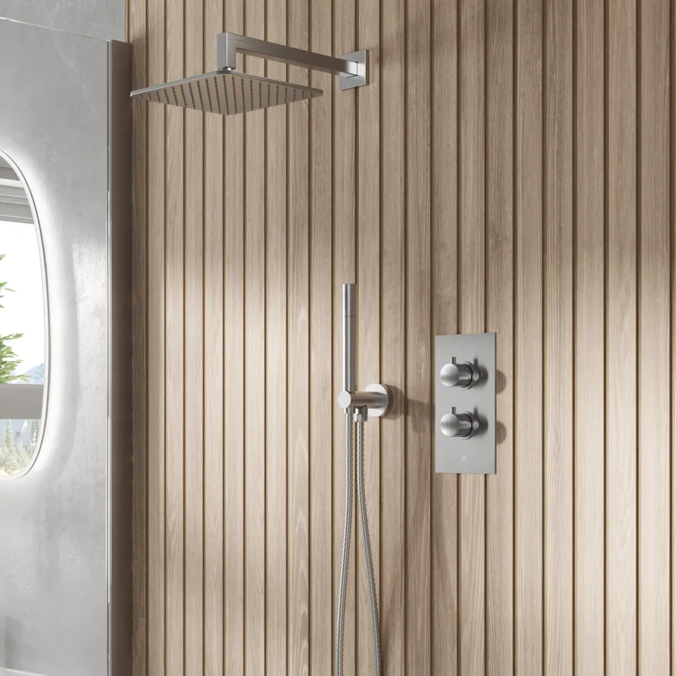 Core Shower Package with 2 Outlet Valve, Fixed Wall Mounted Square Shower Head & Shower Wall Kit