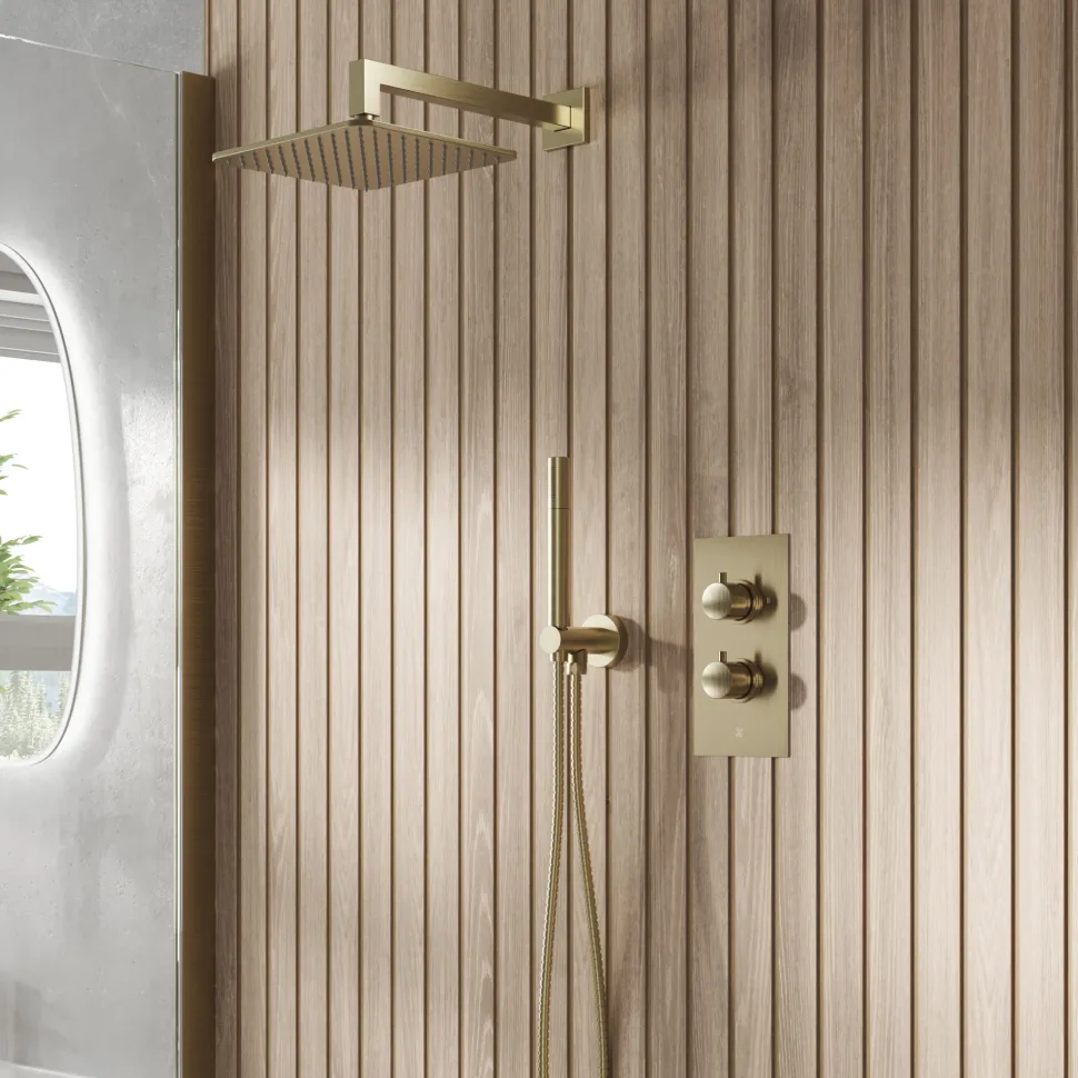 Core Shower Package with 2 Outlet Valve, Fixed Wall Mounted Square Shower Head & Shower Wall Kit