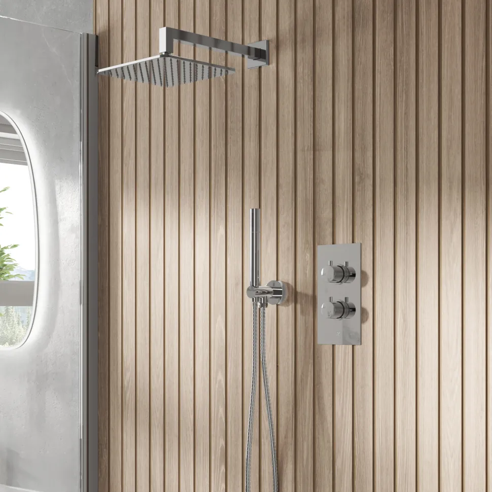 Core Shower Package with 2 Outlet Valve, Fixed Wall Mounted Square Shower Head & Shower Wall Kit