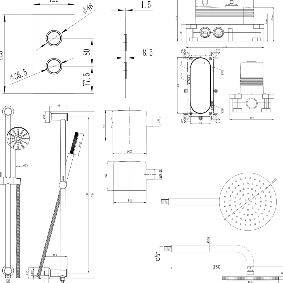 Core Shower Package with 2 Outlet Concealed Valve, Shower Head & Fluted Handset Slide Rail Kit