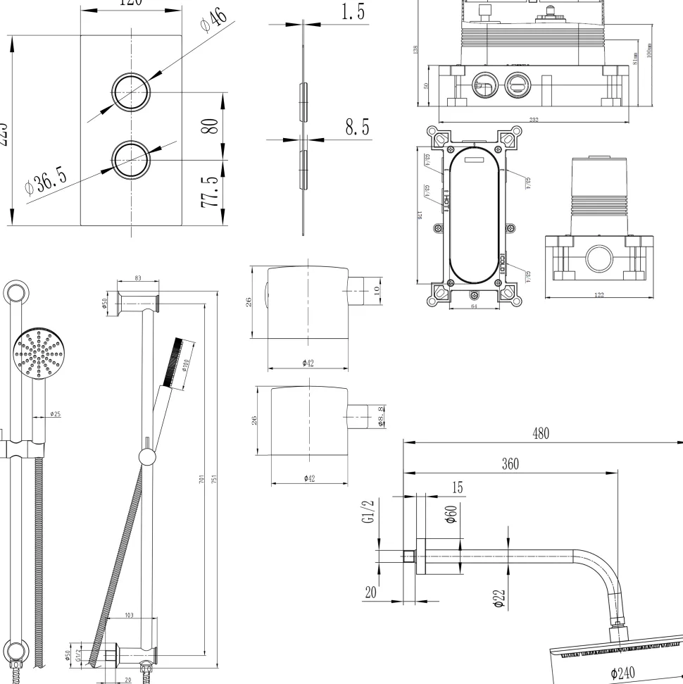 Core Shower Package with 2 Outlet Concealed Valve, Shower Head & Fluted Handset Slide Rail Kit