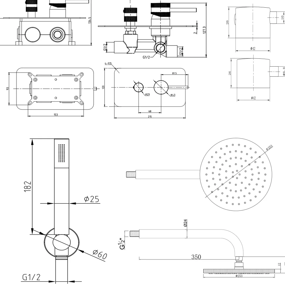 Core Shower Package with 2 Outlet Manual Valve, Fixed Wall Mounted Shower Head & Shower Kit