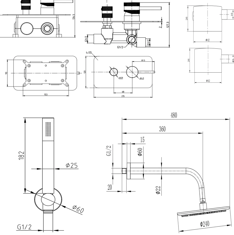 Core Shower Package with 2 Outlet Manual Valve, Fixed Wall Mounted Shower Head & Shower Kit