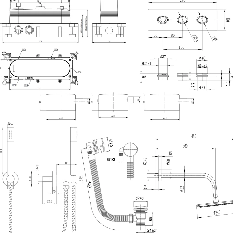 Core Shower Package with 3 Outlet Valve, Fixed Shower Head, Kit & Overflow Bath Filler