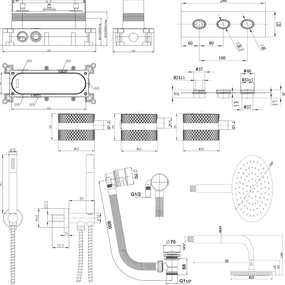 Core Shower Package with 3 Outlet Valve, Fixed Shower Head, Kit & Overflow Bath Filler