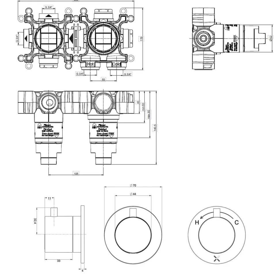 Crosswater Module 2 Outlet Concealed Thermostatic Shower Valve