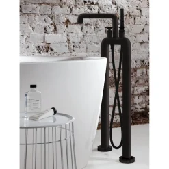 Crosswater Union Freestanding Matt Black Bath Filler & Shower Kit with Wheel Handles