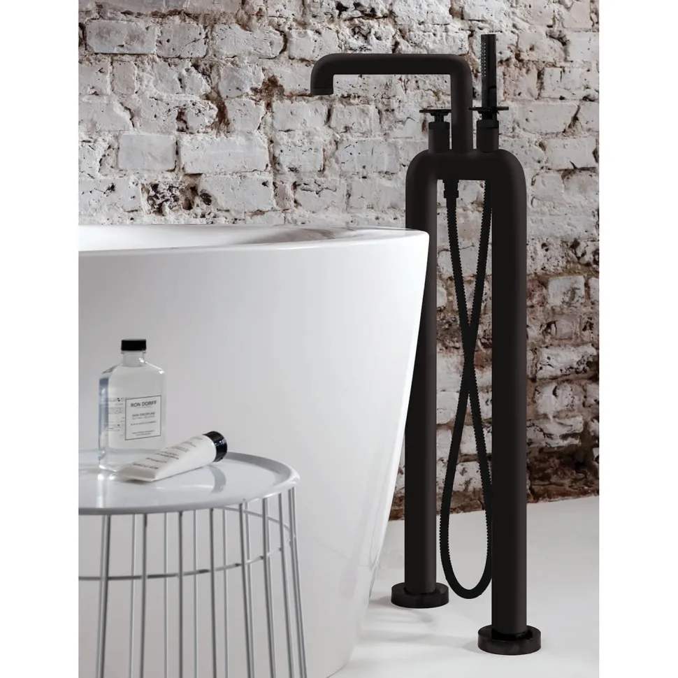 Crosswater Union Freestanding Matt Black Bath Filler & Shower Kit with Wheel Handles