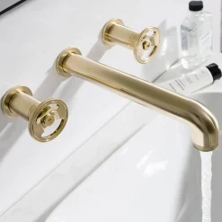Crosswater Union 3 Hole Wall Mounted Basin Mixer Tap with Wheels - Brushed Brass