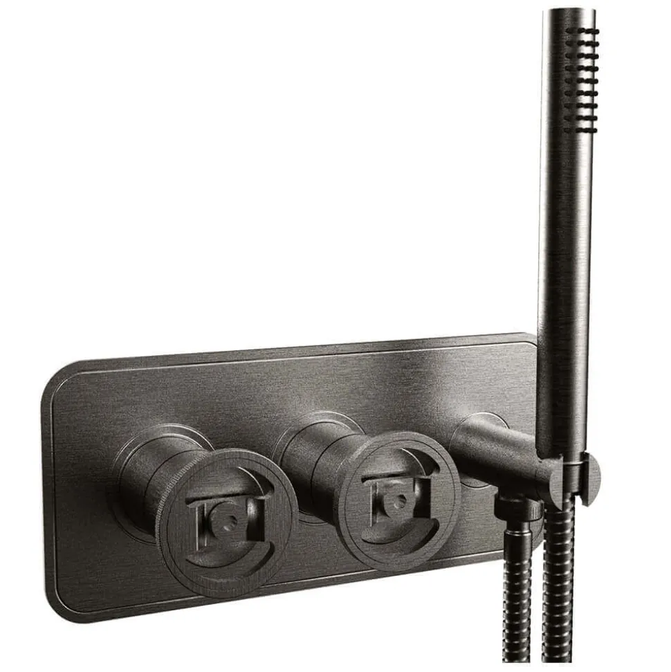 Crosswater Union 2 Outlet Concealed Thermostatic Bath Shower Valve with Wheels & Shower Handset - Brushed Black Chrome