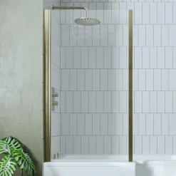 Drench Brushed Brass L-Shaped Fixed Bath Screen - 1435 x 800mm