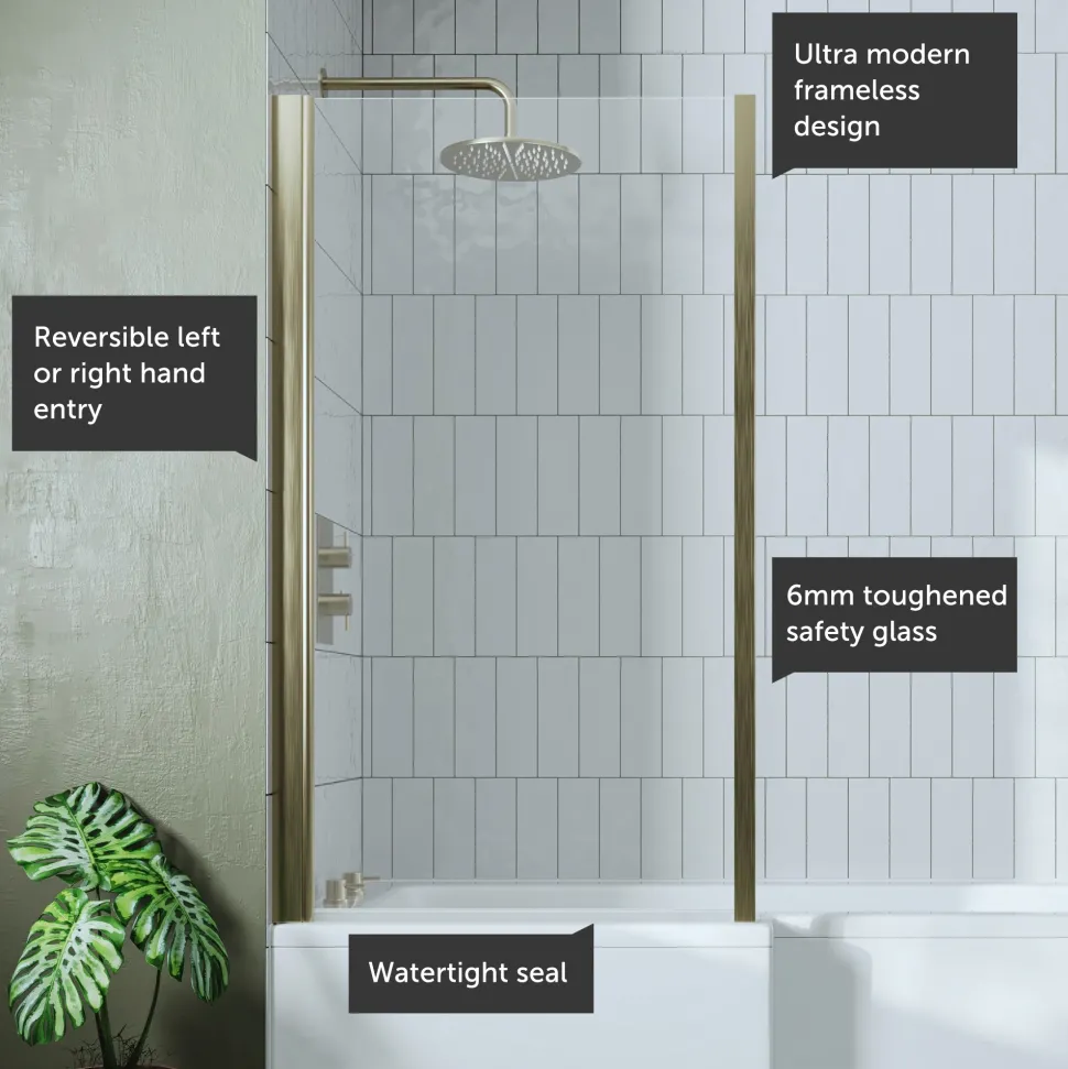 Drench Brushed Brass L-Shaped Fixed Bath Screen - 1435 x 800mm