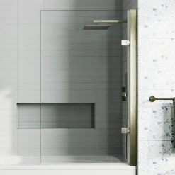 Drench Brushed Brass 8mm Glass Hinged Square Bath Screen - 1520 x 815mm