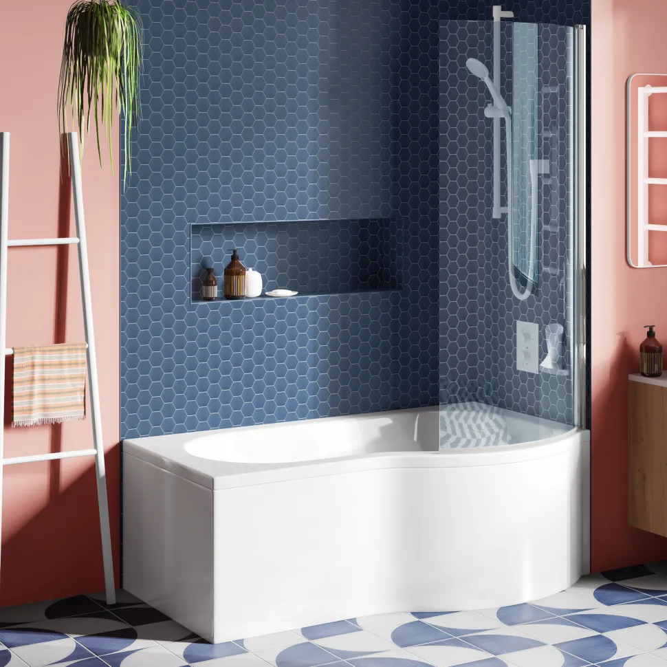 Drench Curved Polished Chrome Hinged P-Bath Screen - 1433 x 700mm