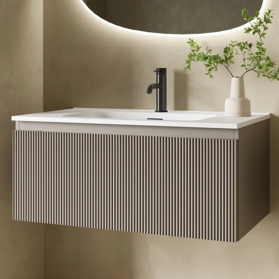 Drench Groove 800mm Fluted Wall Hung Vanity Unit & Matt Stone Basin